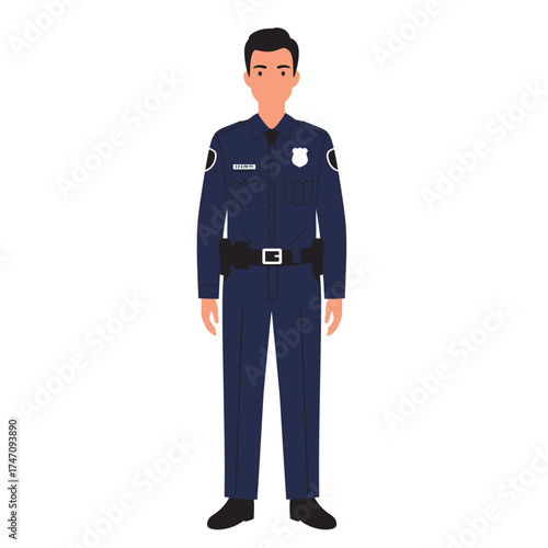 Professional male police officer standing uniformed ready for duty and security patrol illustration