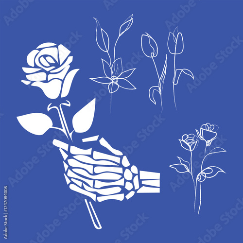 Skeleton hand holding a white rose with other floral sketches on a dark blue background