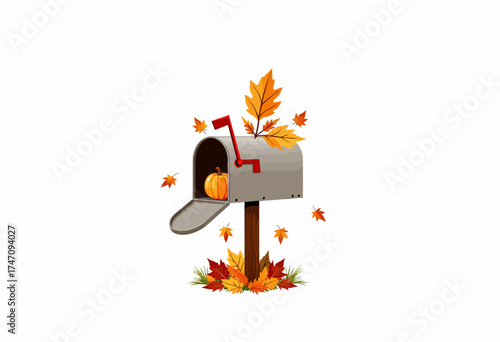 Autumnal Mailbox Illustration with Falling Leaves, Open Door and Small Pumpkin Capturing the Essence of the Fall Season's Vibrant Colors and Nature's Charm