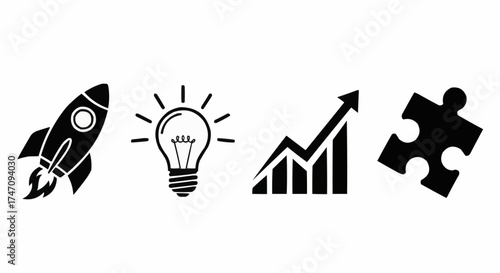 Minimal 4 Icon Vector Set – Innovation and Business Growth Symbols of Rocket, Light Bulb, Graph Arrow and Puzzle Piece in Black SVG Flat Outline on White Background