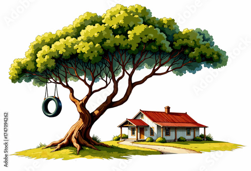 Charming Countryside House with Red Roof Next to Large Tree with Tire Swing on Sunny Day