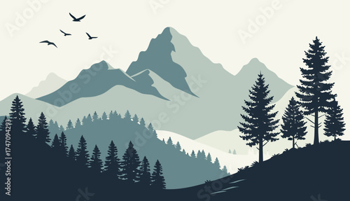 Serene Mountain Landscape with Pine Forest and Flying Birds | Nature Wilderness Art Print