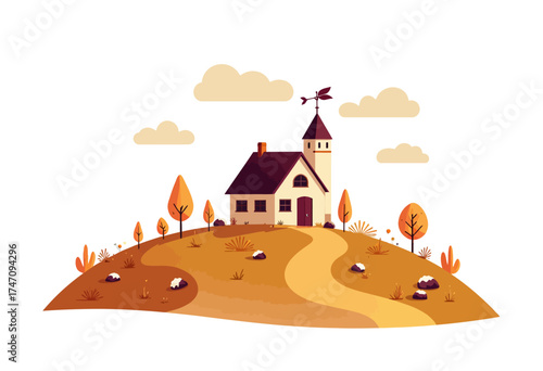 Illustration of a quaint countryside cottage surrounded by autumn trees and winding path under a partly cloudy sky, capturing a serene rural landscape ambiance