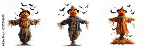 Set of Halloween scarecrow with multiple pumpkins on transparent png background. Ai generated