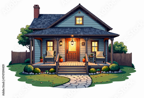 Charming Blue Cottage with Inviting Porch and Warm Lighting Surrounded by Lush Greenery and Cozy Seating Providing a Peaceful Retreat