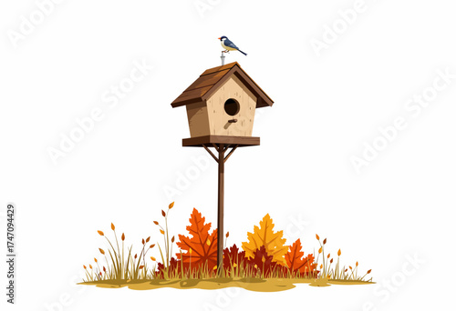 Charming Wooden Birdhouse in Autumn Setting with Colorful Leaves and Perched Bird Under Clear Sky Capturing Tranquil Essence of Nature and Wildlife