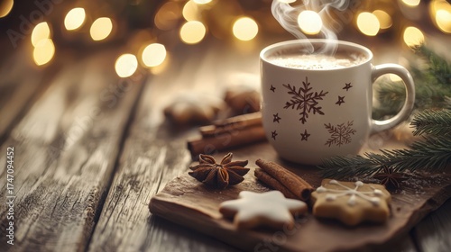 Wallpaper Mural White coffee mug with a snowflake design sits on a wooden table Torontodigital.ca