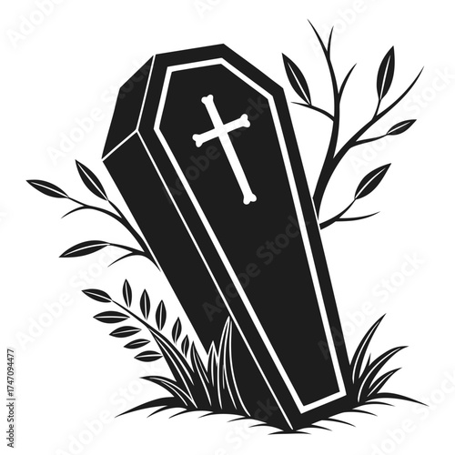 Black coffin icon with cross and branches on white