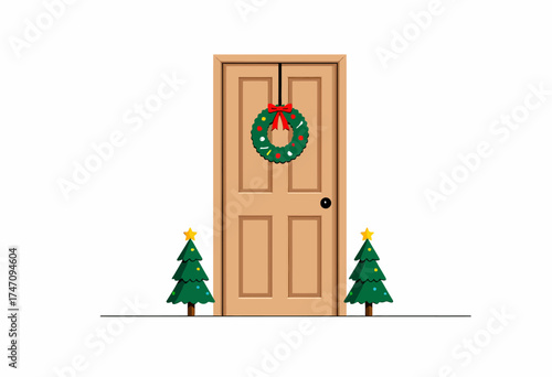 Festive Wooden Door Decorated with Holiday Wreath and Christmas Trees on a Minimalist Background Symbolizing Seasonal Celebration