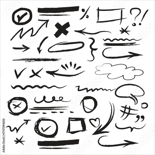 Collection of hand drawn doodle elements including arrows checkmarks circles and speech bubbles