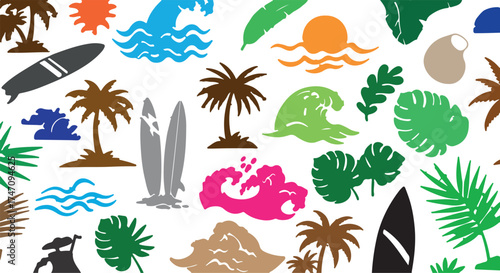 Vibrant tropical beach seamless pattern with surfboards palm trees waves and sun illustrations