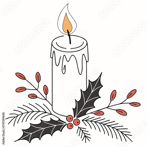 Christmas candle with holly and pine branches vector