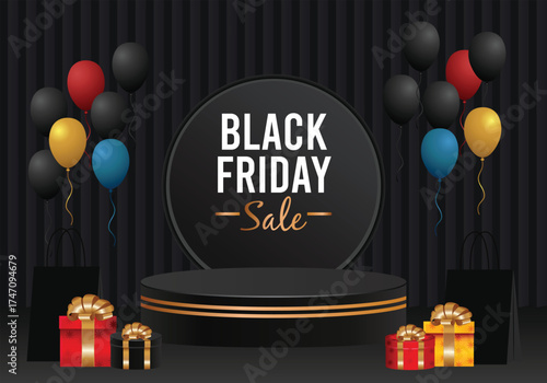 Elegant Black Friday Sale Promotion with 3D Podium and Balloons