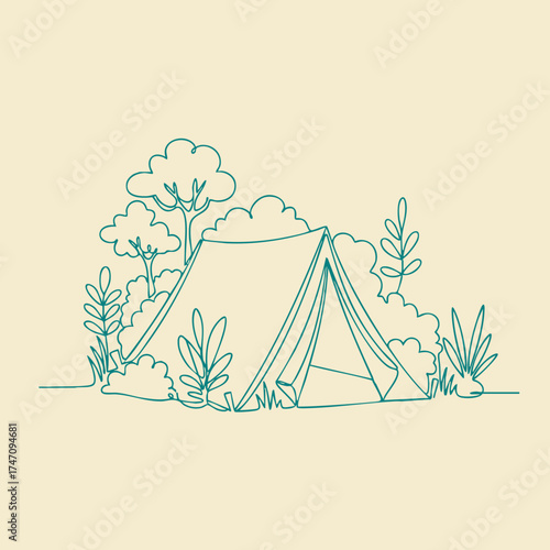 Minimalist line drawing of a camping tent surrounded by trees and plants in a peaceful outdoor setting