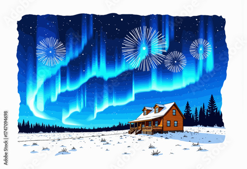 Illustration of a Winter Cabin in a Snowy Landscape with Vibrant Northern Lights and Star-filled Sky Illuminated by Fireworks
