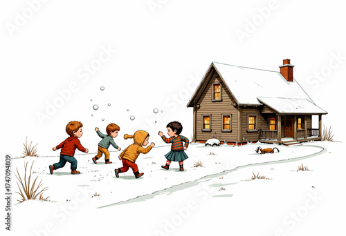 Children joyfully playing in the snow near a cozy, wooden cabin with warm glowing windows, capturing the essence of winter fun and childhood innocence