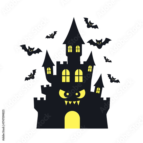 Spooky Halloween Haunted Castle with Bats Flying Around.