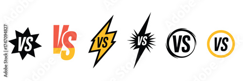 Set of 6 Versus Battle Match Logos with VS Text on White Background – Starburst, Lightning, and Circular Icons for Gaming or Sports Interface