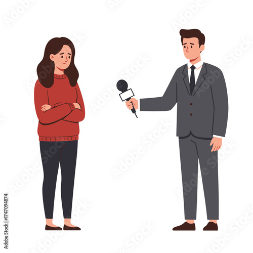 Journalist interviews a person with microphone capturing a moment of conversation and public relations illustration