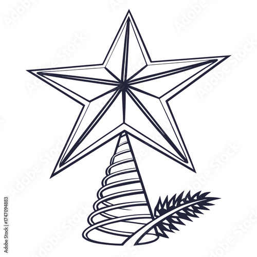 Christmas tree top star icon with pine branch christmas tree topper star icon