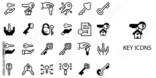Key simple concept 24 Black and White color icons set .Vector illustration.	
