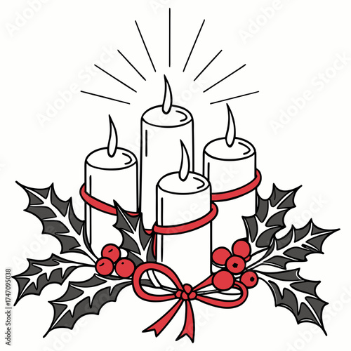 Four white candles with red ribbon and holly christmas