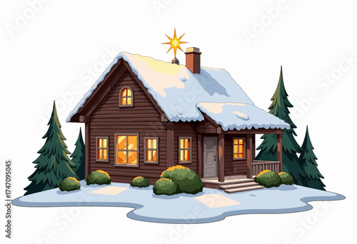 Cozy Snow-Covered Wooden Cabin with Warmly Lit Windows Surrounded by Evergreen Trees in a Serene Winter Wonderland Setting