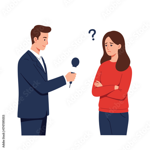 Journalist interviews confused woman asking question mark over her head represents uncertainty illustration