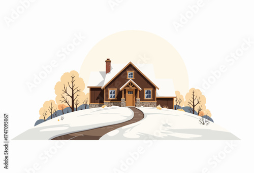 Charming Cottage Surrounded by Snow-Covered Landscape with Warm Light and Autumn Foliage at Sunrise in a Tranquil and Picturesque Setting