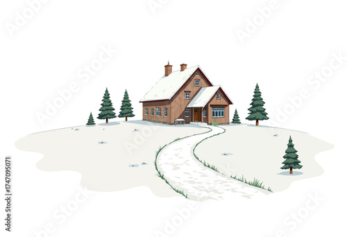 Charming Wooden Cottage Surrounded by Snow-Covered Pines with Winding Path and Pristine White Landscape Under Clear Winter Sky