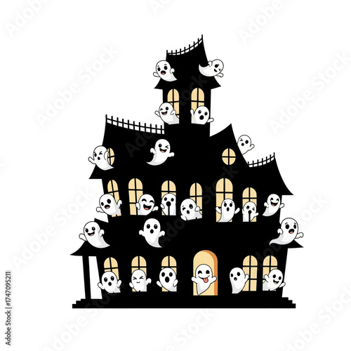 Spooky Haunted House with Playful Ghosts for Halloween.