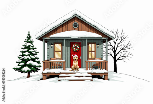Charming Snow-Covered Winter Cabin with Festive Wreath and Loyal Dog Sitting on Wooden Porch Amidst Frosty Pine and Bare Tree