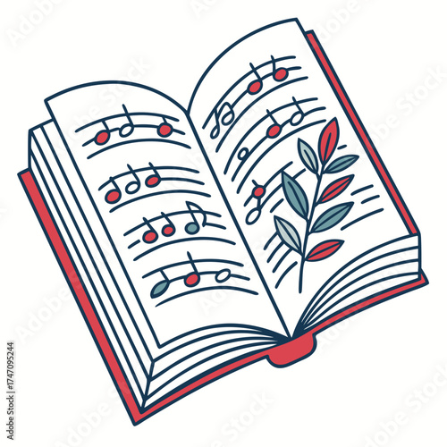 Open book with musical notes and branch sheet music