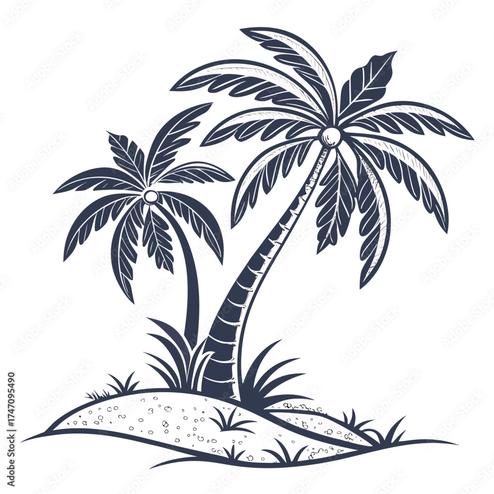 Obraz premium Two dark blue palm trees on a small sandy island tropical