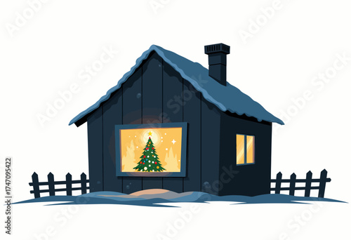 Cozy Winter Cabin with Snow-Covered Roof and Illuminated Windows Featuring Festive Christmas Tree and Rustic Wooden Fence in Serene Snowy Landscape