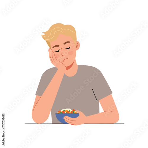 Young man feeling bored and uninterested while holding a bowl of food illustration