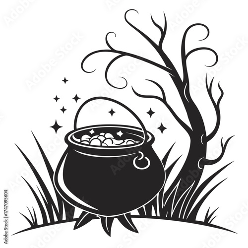 Black cauldron with bubbling potion and spooky tree