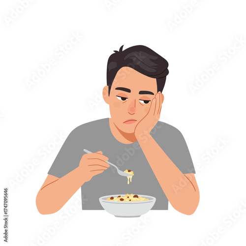 Man looking bored while eating breakfast with fork tired and uninspired morning mealtime scene illustration