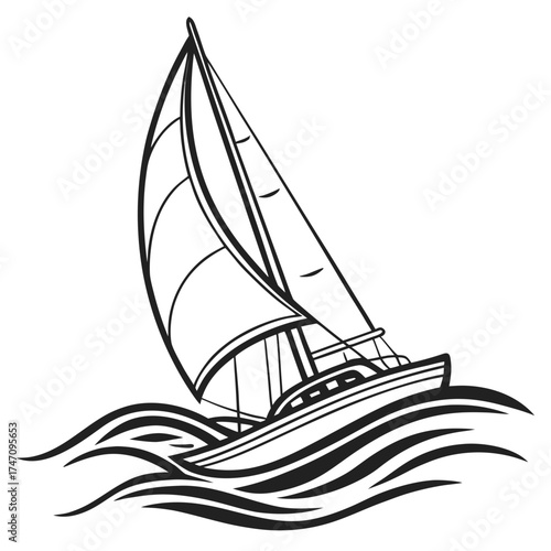 Black outline sailboat on stylized waves vector graphic 1