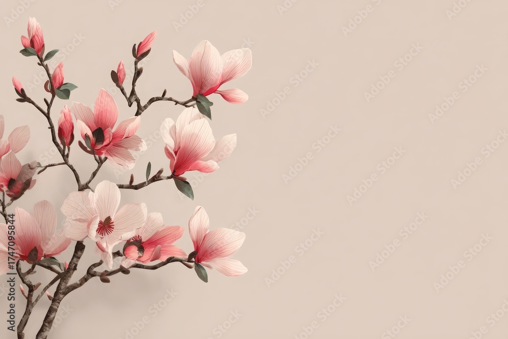 Obraz premium Pink magnolia blossoms on branches, a delicate spring floral motif and ample copy space.