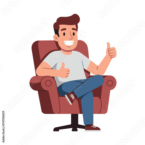 Cheerful man sitting in armchair giving thumbs up approval and positive gesture illustration