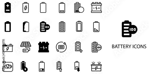 Battery simple concept 24 Black and White color icons set .Vector illustration.	
