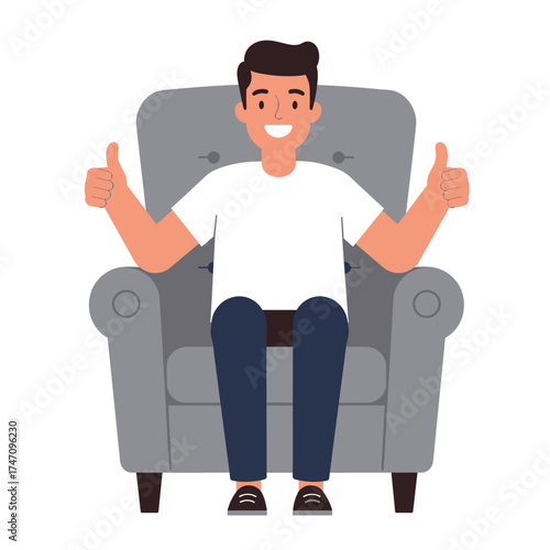 Happy man sitting in armchair giving two thumbs up gesture of approval illustration