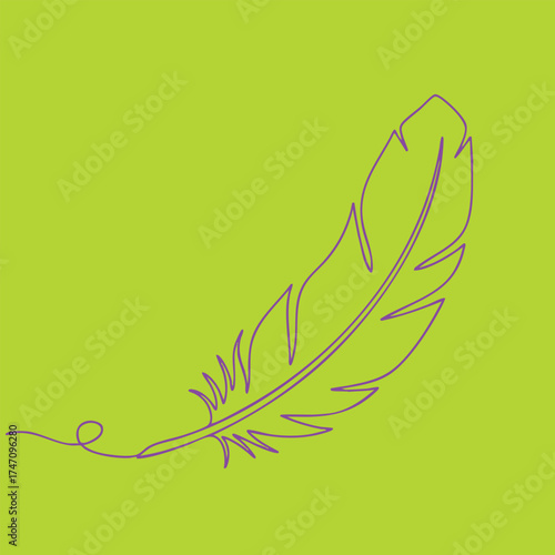 Elegant single-line drawing of a feather on a vibrant green emphasizing simplicity and artistic style