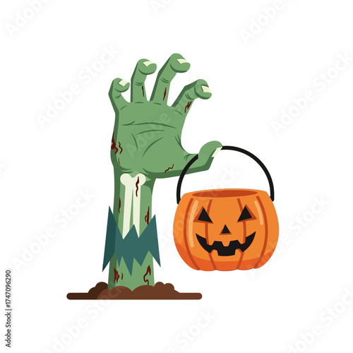 Cartoon zombie hand rising from the grave holding a Halloween pumpkin bucket.