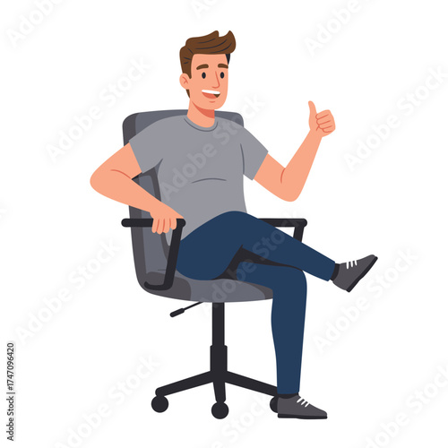 Young man sitting relaxed in office chair making thumbs up gesture illustration