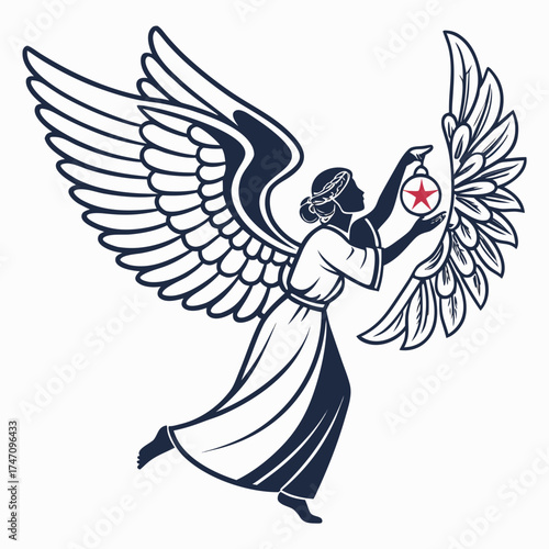 Angel holding red star ornament vector graphic wings