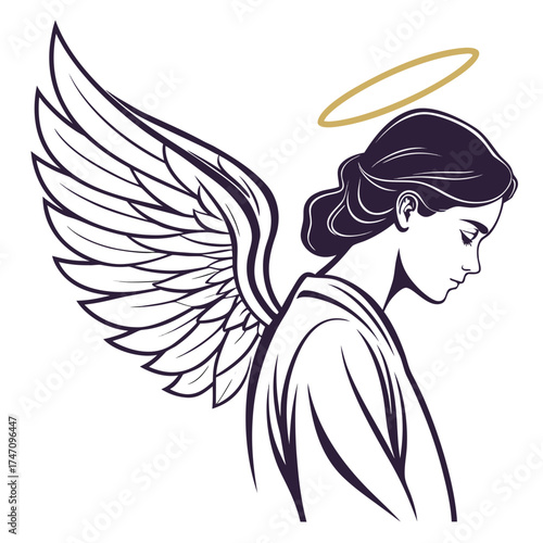 Angelic woman with wings and halo vector religious