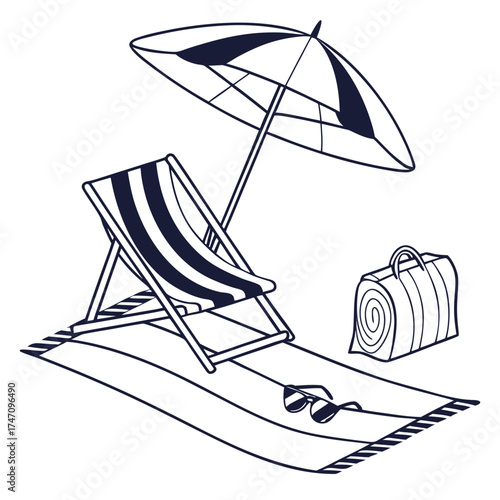 Beach chair umbrella rolled towel sunglasses on striped towel