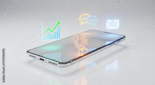 Sleek smartphone displaying holographic icons for calls, messages, email, and a growth chart mobile technology isolated on a transparent background